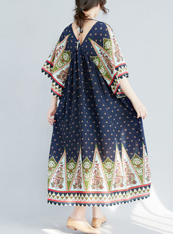Ethnic Print V-neck High Waist Hem Maxi Dress
