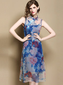 Vintage Print Stand Collar Sleeveless Slit Shift Dress With Cami