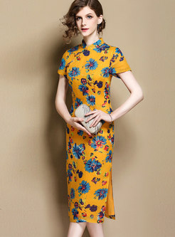 Retro Mandarin Collar Print Slit Sheath Dress