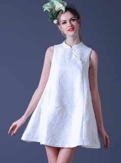 Vintage Stand Collar Jacquard Sleeveless Loose Dress