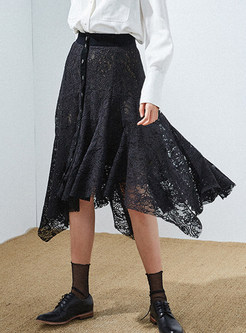 Stylish Hollow Out Lace Irregular Big Hem Skirt