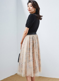 Sweet Elastic Waist Mesh Print Big Hem Skirt