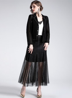 Black Notched Single-breasted Coat & High Waist Splicing Skirt
