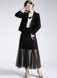 Black Notched Single-breasted Coat & High Waist Splicing Skirt