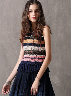 Color-blocked O-neck Sleeveless Tassel Knitted Camis