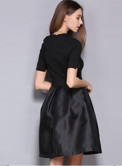 Elegant Black Splicing O-neck High Waist Slim Skater Dress