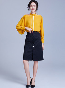 Hollow Out Standing Collar Lantern Sleeve Blouse