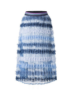 Chic Elastic Waist Gradient Color Striped Mesh Skirt