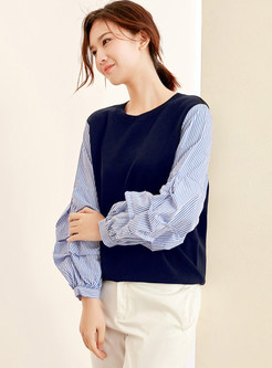 Lantern Sleeve Splicing Pullover Knitted Shirt