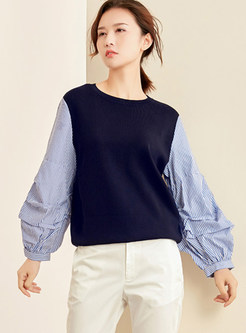 Lantern Sleeve Splicing Pullover Knitted Shirt