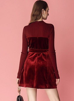 Velvet Splicing Stand Collar Belted Slim Mini Dress