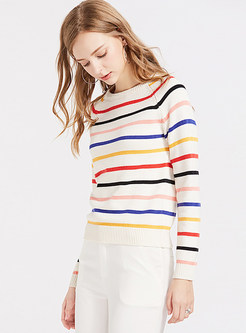 O-neck Color-blocked Striped Pullover Sweater