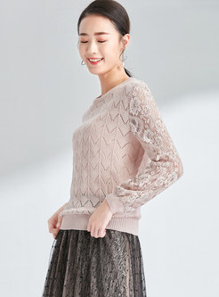 Lace Splicing O-neck Hollow Out Sweater
