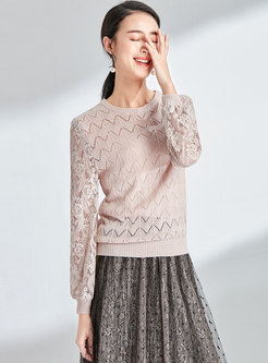 Lace Splicing O-neck Hollow Out Sweater