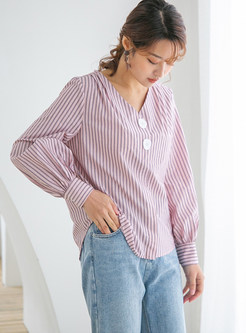 Casual V-neck Long Sleeve Striped Pullover Blouse
