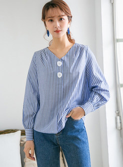 Casual V-neck Long Sleeve Striped Pullover Blouse