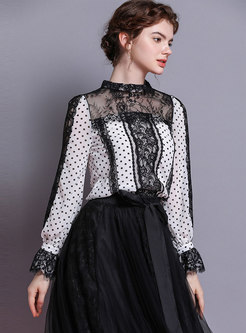 Lace Splicing Polka Dot Stand Collar Blouse