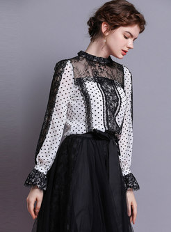 Lace Splicing Polka Dot Stand Collar Blouse