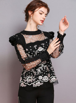 Chic Splicing Embroidered See-through Pullover Blouse