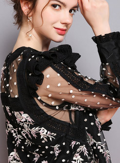 Chic Splicing Embroidered See-through Pullover Blouse