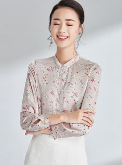 Floral Stand Collar Single-breasted Slim Blouse