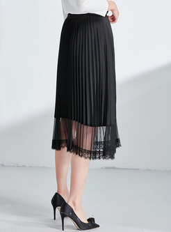 Black Elastic Waist Pleated Skirt