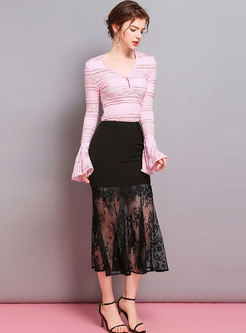 Pink V-neck Flare Sleeve See-though Lace Blouse