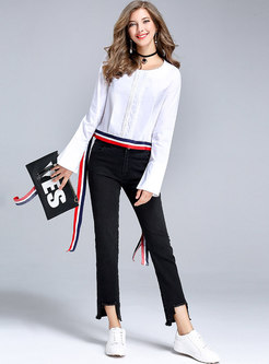 Striped Splicing Flare Sleeve Pullover Blouse