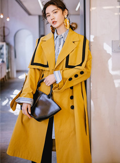 Stylish Notched Tied-waist Patchwork Trench Coat