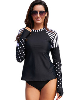 Long Sleeve Polka Dot Striped Swimwear Top