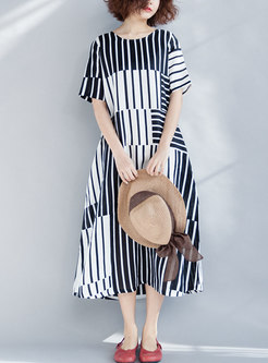 Brief Striped O-neck Loose Maxi Dress