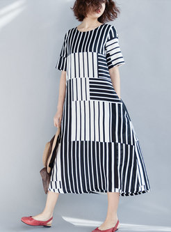Brief Striped O-neck Loose Maxi Dress