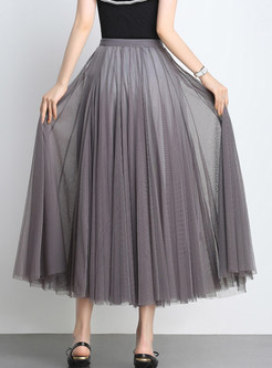 Stylish Solid Color Mesh Pleated Big Hem Skirt