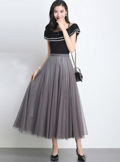 Stylish Solid Color Mesh Pleated Big Hem Skirt