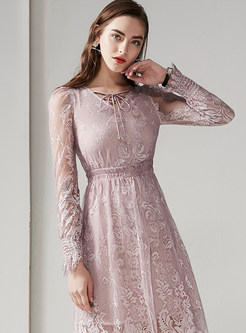 Long Sleeve Lace Splicing Mesh Big Hem Dress