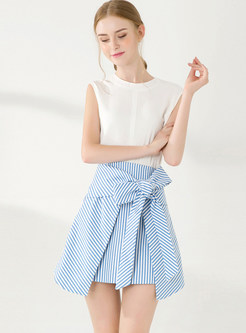 Sweet High Waist Bowknot Striped Mini Skirt