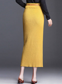High Waist Belted Slim Knitted Skirt