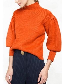 Pure Color High Neck Lantern Sleeve Sweater