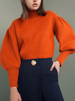 Pure Color High Neck Lantern Sleeve Sweater