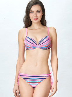 Trendy Tied Color-blocked Striped Bikini