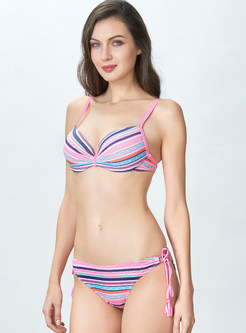 Trendy Tied Color-blocked Striped Bikini