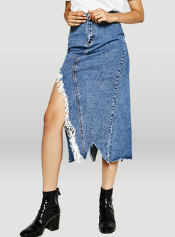 Chic Denim Frayed Asymmetric Skirt