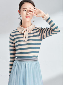 Striped Lapel Bowknot Slim Knitted Sweater