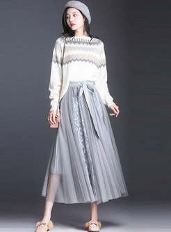 Lace Splicing Tie-waist A Line Skirt