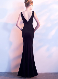 Elegant Deep Velvet Stitching Velvet Slim Prom Dress