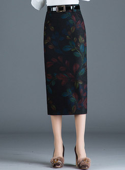 Elegant Print Slit Bodycon Skirt