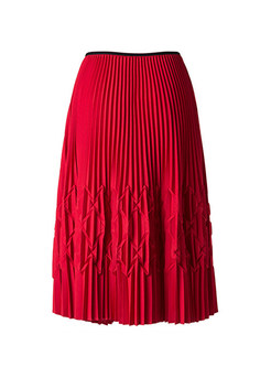Elegant Red Elastic Waist Pleated Maxi Skirt