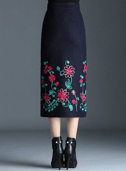 High Waist Embroidered Slit Bodycon Skirt
