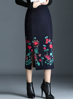 High Waist Embroidered Slit Bodycon Skirt