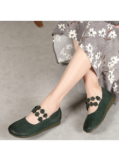 Women Daily Flower Round Head Leather Shoes